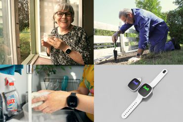 A collage showing older adults using TM-Alert during daily activities such as drinking coffee, gardening, and washing dishes, along with a close-up of the smartwatches.